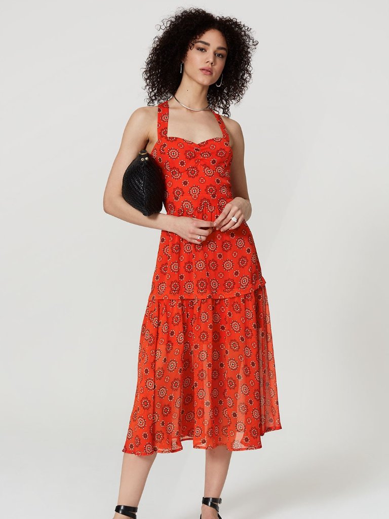 Marissa Webb Printed Red Medallion Midi Dress Size 6